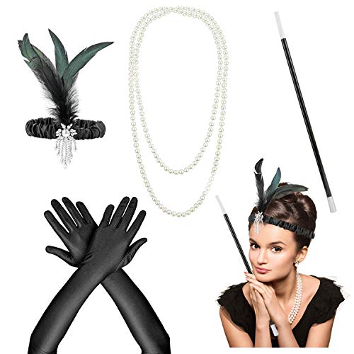 HOWAF 20er Jahre Accessoires Damen 1920er Accessoires 20er Jahre Kleid Zubehör Set, Flapper Stirnband Handschuhen Perlenkette, Gatsby Accessoires Damen für Charleston Kleid 20er Jahre Kostüm Damen von HOWAF