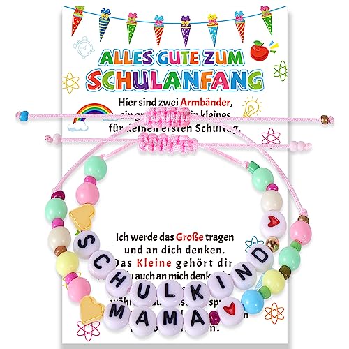 HOWAF 2 Endlich Schulkind Armband Mädchen Junge, Schulanfang Armband Mama Armbänder Perlen Einschulung Geschenk Karte Schulanfang Geschenke Einschulung Mädchen Junge Erster Schultag Schultüte Füllung von HOWAF