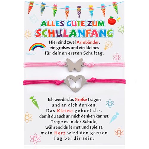 HOWAF 2 Endlich Schulkind Armband Mädchen Junge Geschenke zur Einschulung, Schmetterling Armband Schulkind mit Einschulung Geschenk Karte für Erster Schultag Schultüte Füllung Schulanfang Geschenk von HOWAF