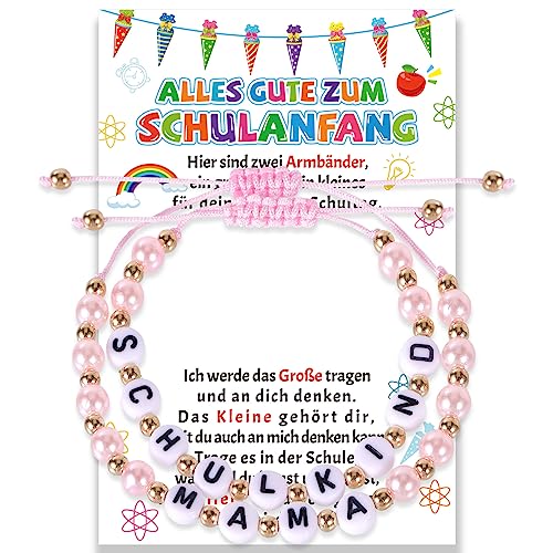 HOWAF 2 Endlich Schulkind Armband Mädchen Schulanfang Armband Mama Armbänder Rosa, Einschulung Geschenk Karte Schulanfang Geschenke Einschulung Mädchen für Erster Schultag Schultüte Füllung von HOWAF