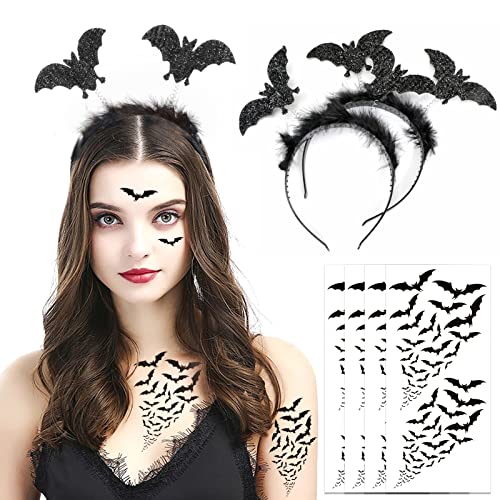 HOWAF 2 Fledermaus Haarreifen Halloween Kostüm, Halloween Fledermaus Haarband mit Glitzereffekt 4 Halloween Temporäre Tattoos Fledermaus Tattoos für Halloween Haarschmuck Karneval Maskerade Accessoire von HOWAF