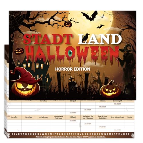HOWAF 20 Blatt Stadt Land Halloween, Horror Edition Stadt Land Fluss Halloween Spiele Erwachsene Partyspiel Geschenk, DIN A4 Spielblock HOWAF 20 Blatt Stadt Land Halloween, Horror Edition Stadt Land Fluss Halloween Spiele Erwachsene Partyspiel Geschenk, DIN A4 Spielblock von HOWAF
