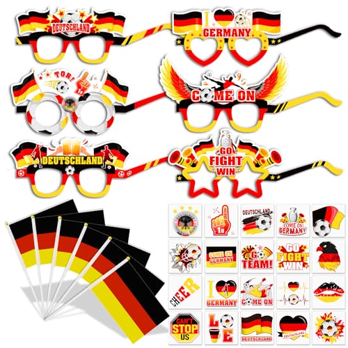 HOWAF 2024 Fußball EM Deko, 12 STK 2024 Fußball EM Partybrille Deutschland EM Fußball 2024 Papierbrille, 12 Deutschland Flagge, 20 Temporäre Tattoos Deutschland EM Fußball Europameisterschaft 2024 von HOWAF