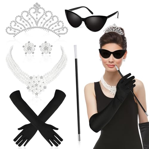 HOWAF 20er Jahre Kostüm Damen, 20er Jahre Accessoires Kristall Tiara Krone, Perlenkette Ohrringe Handschuhe Sonnenbrille für 1920 Kostüm, 20er Jahre Halloween Kostüm, Fasching Karneval Kostüm von HOWAF