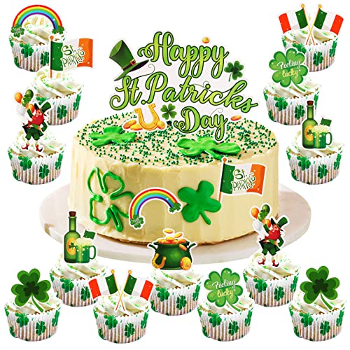 HOWAF 25 Stk St. Patricks Day Tortendeko St. Patricks Day Cake Topper St. Patricks Day Cupcake Topper St. Patricks Day Kuchen Deko Kleeblatt St Patricks Day Accessoires für Irish St Patricks Day Deko von HOWAF