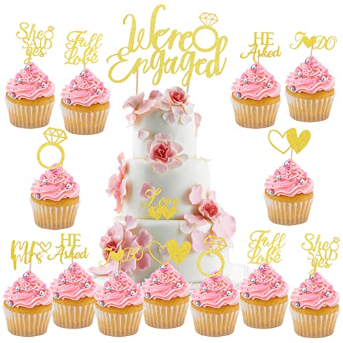 HOWAF 25 STK We're Engaged Cake Topper Verlobung Deko, Gold Verlobung Tortendeko Verlobung Cupcake Toppers Mr Mrs Cake Topper Hochzeit Geschenk Verlobung Kuchendekoration für Verlobung Hochzeitsdeko von HOWAF