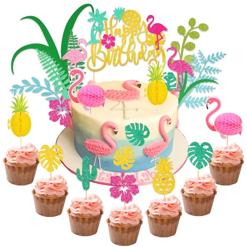 HOWAF 26pcs Hawaiian Party Kuchen Dekorationen Hawaiian Cupcake Toppers Hawaiian Kuchen Toppers fur Tropische Party Dekorationen von HOWAF