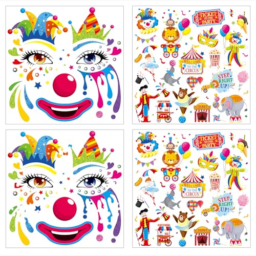 HOWAF 4 Bogen Gesichtstattoo Clown Tattoo Bunt, Face Tattoo Clown Temporäre Tattoos, Gesichtstattoo Karneval, Gesichtstattoo Halloween für Clown Kostüm, Halloween Kostüm, Karneval Fasching Kostüm von HOWAF