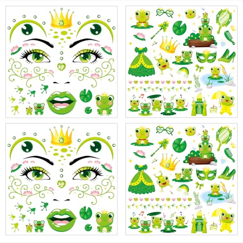 HOWAF 4 Bogen Gesichtstattoo Frosch Tattoo, Face Tattoo Frosch Temporäre Tattoos, Gesichtstattoo Karneval Gesichtstattoo Halloween für Frosch kostüm, Halloween Kostüm, Karneval Fasching Kostüm von HOWAF