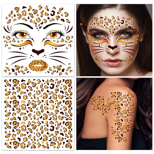 HOWAF 4 Bogen Gesichtstattoo Leopard Temporäre Tattoos, Face Tattoo Leopard Gesichtstattoo Karneval Leoparden, Gesichtstattoo Halloween für Leopard Kostüm, Halloween Karneval Fasching Kostüm von HOWAF