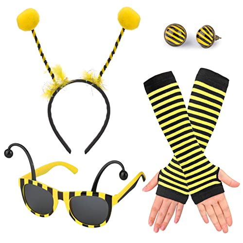 HOWAF 4stk Bienen Kostüm Damen Mädchen, Bienen Haarreif Biene Bienenantenne Biene Brille Biene Fingerlose Handschuhe Biene Ohrringe Bienenkostüm Erwachsene Kinder für Fasching Karneval Kostüm Damen von HOWAF