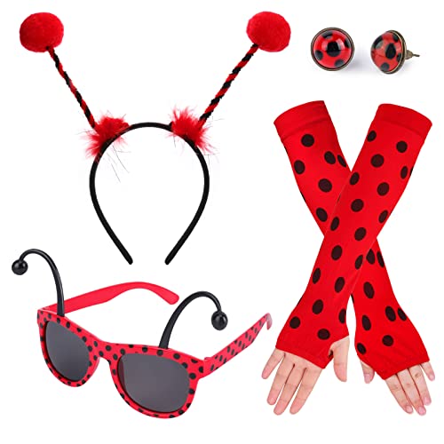 HOWAF 4stk Marienkäfer Kostüm Damen Mädchen, Marienkäfer Haarreif Marienkäfer Brille Marienkäfer Fingerlose Handschuhe Lady Bug Ohrringe Ladybug Kostüm Erwachsene Kinder Fasching Karneval Kostüm Damen von HOWAF