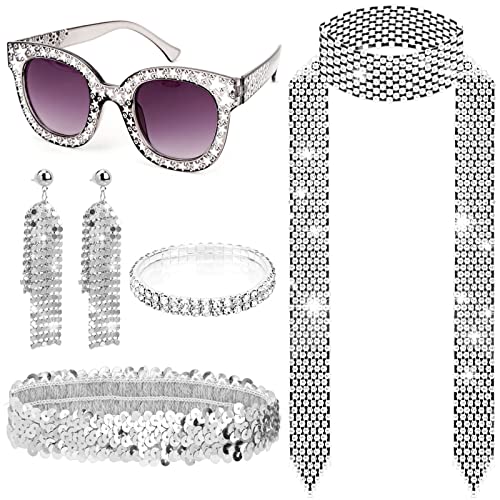 HOWAF 5 Disco Accessoires 70er Jahre Kostüm Glitzer Haarbänder Disco Haarband Sonnenbrille Strass Halskette Pailletten Ohrringe Armband 70er 80er Jahre Fasching Karneval Kostüm Cosplay Costumes von HOWAF