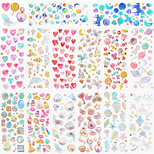 HOWAF 500+ 3D Aufkleber für Kinder Mädchen Basteln DIY Scrapbooking, Epoxid Geschwollen Glitzer Stickers für Papeterie Wasserflasche, Regenbogen Einhorn Herz Planet Star Prinzessin Sterne Tier Sticker von HOWAF