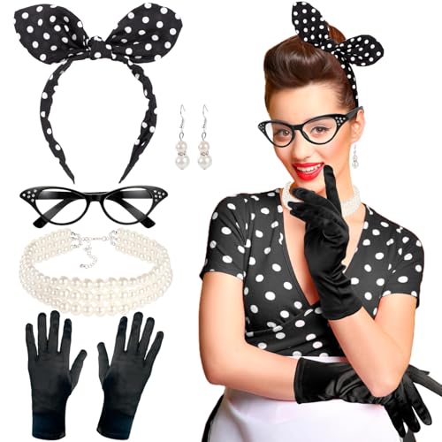 HOWAF 50er Jahre Kostüm Damen: Polka Dot Haarband, Brille, Perlenkette, Ohrringe, Handschuhe für Damen, Rockabilly Accessoires, Halloween Kostüm, Fasching Karneval Kostüm von HOWAF