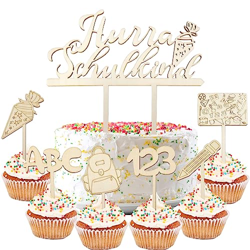 HOWAF 7 Schulanfang Tortendeko Einschulung Deko Cake Topper Schulkind Holz Schulanfang Cake Topper Einschulung Cupcake Topper Einschulung ABC 123 Schultüte Schuleinführung Kuchendeko Schulanfang Deko von HOWAF