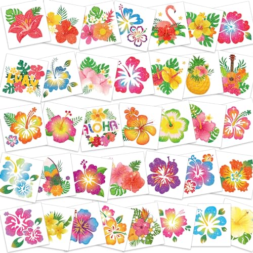 HOWAF 72pcs Hawaii Hibiskusblüten Temporäre Tattoos, Glitzer Hawaii Deko Tattoo Aufkleber Fake Tattoo Sticker Temporary Tattoo für Beach Hawaii Party Deko Sommerparty Deko Mitgebsel Kindergeburtstag von HOWAF