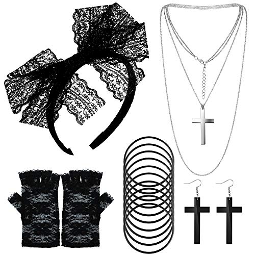 HOWAF 80er Jahre Outfit Damen 80er Jahre Accessoires Schwarz 80er Jahre Kostüm Zubehör Set mit Stirnband Handschuhe Halskette Armband Ohrringe für 80er Jahre Kleidung Karneval Fasching Mottoparty von HOWAF