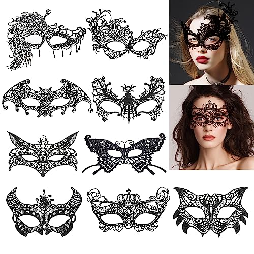 HOWAF 9 Stück Venezianische Maske Damen, Lace Mask Spitze Spitzenmaske Schwarz Halloween Augenmaske Maskenball Maske Damen Halloween Maske für Maskenball Halloween Kostüm Karneval Fasching Kostüm von HOWAF