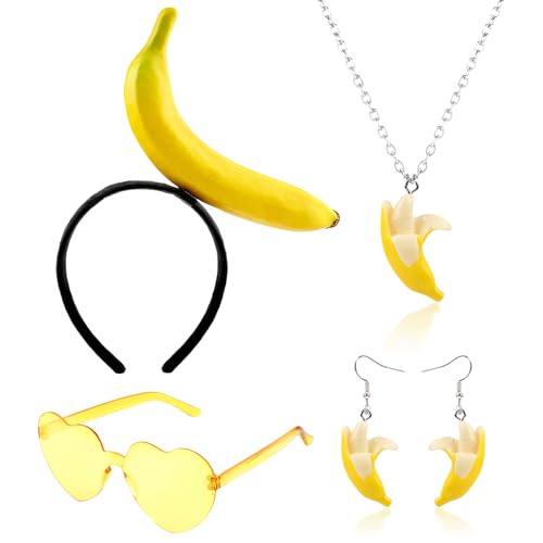 HOWAF Bananen Kostüm Damen Kinder, Lustiges Bananen Haarreif Haarband, Bananen Ohrringe, Halskette, Herz Brille für Bananenkostüm, Banane Kostüm, Halloween Kostüm, Fasching Kostüm, Karneval Kostüm von HOWAF