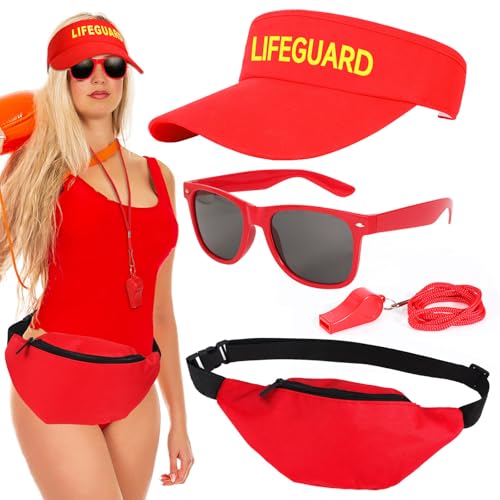 HOWAF Baywatch Kostüm Damen Herren, Lifeguard Visor Cap, Lifeguard Hut Sonnenschild, Sonnenbrille, Trillerpfeife, Gürteltasche für Lifeguard Kostüm, Rettungsschwimmer Kostüm, Fasching Karneval Kostüm von HOWAF