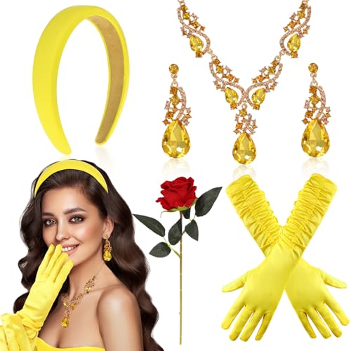 HOWAF Belle Kostüm Damen Mädchen, Prinzessin Krone Haarschmuck, Gelbe Handschuhe, Strass Kristall Halskette Ohrringe Schmuck Set Rose für Prinzessin Kostüm, Halloween Kostüm, Fasching Karneval Kostüm von HOWAF