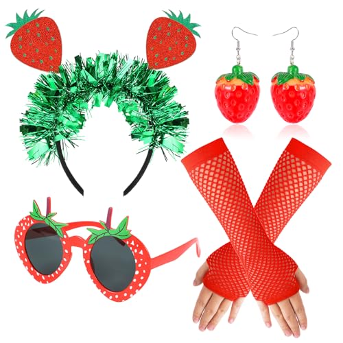 HOWAF Erdbeer Kostüm Damen, Erdbeer Haarreif Erdbeer Hut Haarschmuck, Erdbeer Brille, Erdbeer Ohrringe, Handschuhe für Erdbeere Kostüm, Halloween Kostüm, Fasching Kostüm, Karneval Kostüm von HOWAF