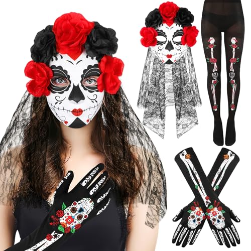 HOWAF Halloween Kostüm Dia De Los Muertos Haarreif Schleier, Halloween Haarreif Tag Der Toten Haarreif mit Dia De Los Muertos Maske, Skelett Handschuhe Skelett Strumpfhose, Dia De Los Muertos Kostüm von HOWAF