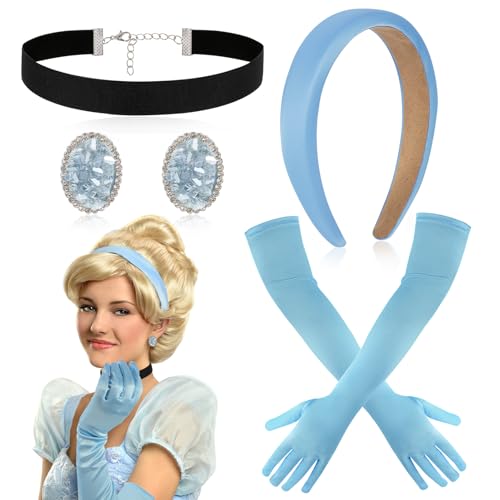 HOWAF Prinzessin Kostüm Damen Mädchen, Prinzessin Krone Haarschmuck Blau Handschuhe, Schwarz Choker Kette Damen, Strass Kristall Ohrringe Schmuck Set für Halloween Kostüm, Fasching Karneval Kostüm von HOWAF