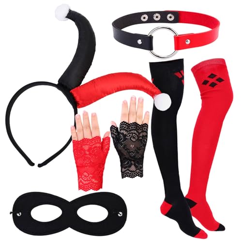 HOWAF Clown Kostüm Damen, Verkleidungsset Clown Haarreif Killer Clown Haarreif Halloween Haarreif Augenmaske Handschuhe Halskette Socken, Karneval Fasching Kostüm Halloween Kostüm Cosplay Accessories von HOWAF