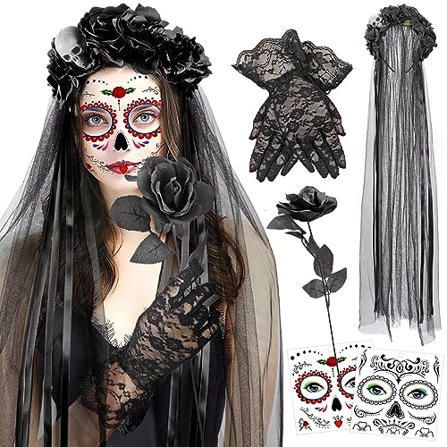 HOWAF Halloween Kostüm Damen Dia De Los Muertos Haarreif Schleier Halloween Haarreif Tag Der Toten Künstliche Blumen Rose Spitzenhandschuhe Schwarz Halloween Gesicht Tattoos Dia De Los Muertos Kostüm von HOWAF