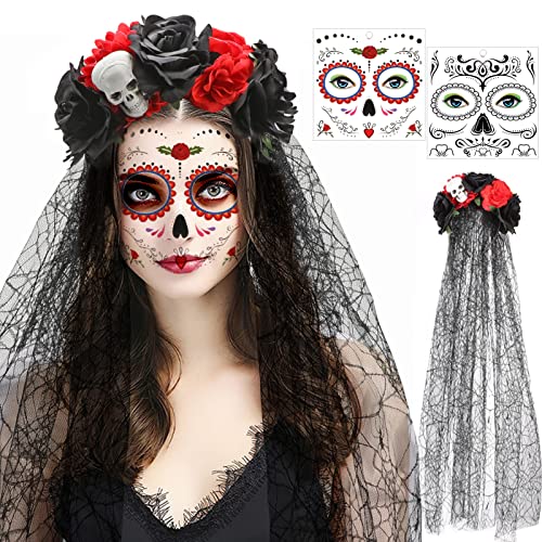 HOWAF Halloween Tag der Toten Haarreif und Schleier Gesicht Tattoos, Mexikanische Stirnband Rosen Totenkopf Kopfschmuck Haarband Frauen Damen Kostüm Accessoires von HOWAF