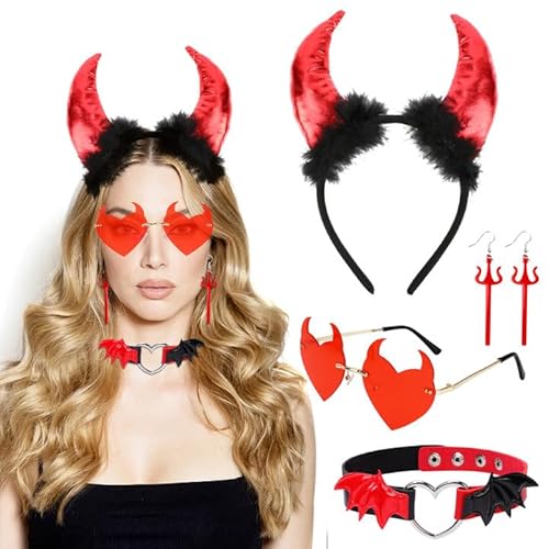 HOWAF Halloween Teufel Kostüm, Teufel Ohren Haarreif Teufelsohren Haarreif Teufel Hörner Halloween Haarreif Teufelshörner Brille Engelsflügel Halskette Dreizack Ohrringe für Karneval Fasching Kostüm von HOWAF