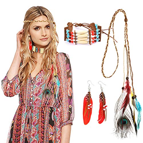 HOWAF Indianer Kopfschmuck Damen Indianer Stirnband Federschmuck Haarband indianisch Bohemian Haarschmuck und Indianer Halskette Ohrringe für Karnevals kostüme Zubehör Indianer kostüm Accessoire von HOWAF