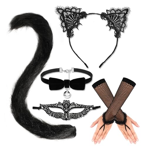 HOWAF Katzenkostüm Damen, Katzenohren Haarreif, Katzen Ohren Haarreif Katze Cat Ears, Katzenschwanz, Halskette, Maske, Handschuhe für Katze Kostüm Damen, Halloween Kostüm, Fasching Karneval Kostüm von HOWAF