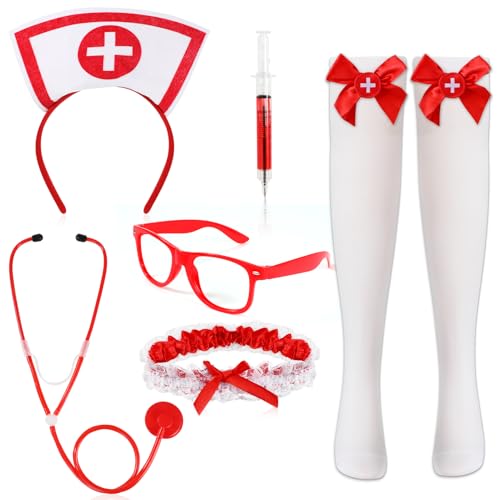 HOWAF Krankenschwester Kostüm, Haarreif, Stethoskop Karneval, Strumpfband, Spritzenstift, Strümpfe, Brille Rot für Kostüm Krankenschwester Ärztin Halloween Kostüm, Fasching Kostüm, Karneval Kostüm von HOWAF