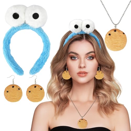 HOWAF Krümelmonster Kostüm Damen Kinder, Krümelmonster Haarreif Cookie Monster Haarreif Cookie Halskette Cookie Ohrring für Kostüm Krümelmonster, Halloween Kostüm, Fasching Kostüm, Karneval Kostüm von HOWAF