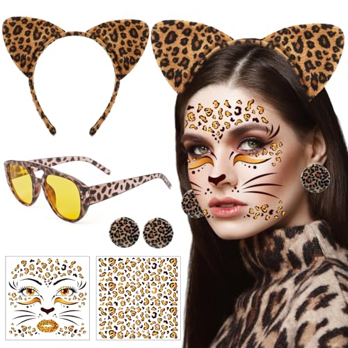 HOWAF Leoparden Kostüm Damen Kinder, Leoparden Ohren Haarreif Leopard Haarreif, Leoparden Tattoo Gesicht, Ohrringe, Brille für Leopard Kostüm Damen, Halloween Kostüm, Fasching Karneval Kostüm von HOWAF