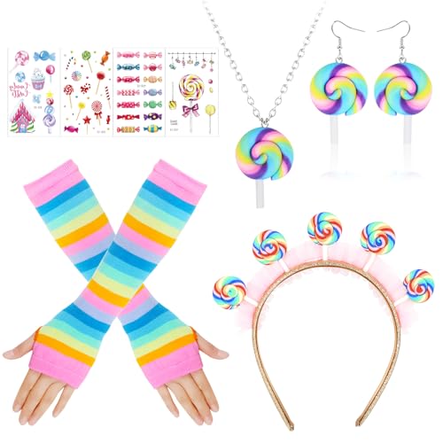 HOWAF Lollipop Kostüm, Lollipop Haarreif Haarschmuck, Fingerlose Handschuhe, Lollipop Ohrringe, Halskette, Tattoos für Bonbon Kostüm, Candy Kostüm, Halloween Kostüm, Fasching Kostüm, Karneval Kostüm von HOWAF