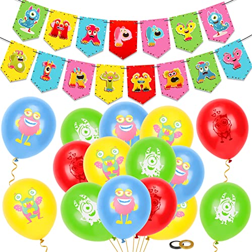 HOWAF Monster Party Kindergeburtstag Deko, Monster Party Luftballons Geburtstag Happy Birthday Banner Geburtstag Geburtstagsbanner Geburtstagsdeko für Party Monster Geburtstagstüten Mitgebsel Kinder von HOWAF