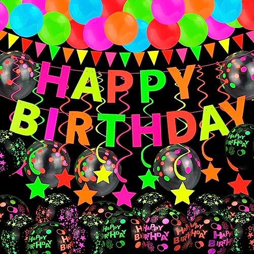 HOWAF Neon Party Deko Geburtstagsdeko Neon Luftballons Geburtstag Luftballons Leuchtend Schwarzlicht Party Ballons Geburtstag Happy Birthday Girlande Banner Geburtstag Hangend Wirbel Schwarzlicht Deko von HOWAF