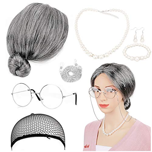 HOWAF Oma Kostüm Alte Frau, Old Lady Kostüm Großmutter Cosplay Zubehör Set Oma Perücke, Perücke Kappe, Oma Brille mit Kette, Perlenkette Ohrringe Armband für Fasching Karneval Mottoparty, 7 Stück von HOWAF