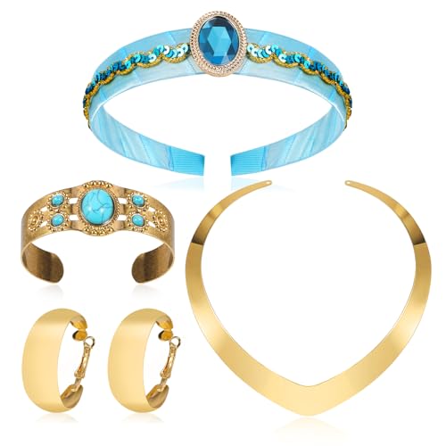 HOWAF Prinzessin Kostüm Damen Mädchen, Prinzessin Krone Haarschmuck, Halskette Gold Ohrringe Gold Armbänder Prinzessin Schmuck Set für Halloween Kostüm, Fasching Kostüm Karneval Kostüm Damen Mädchen von HOWAF