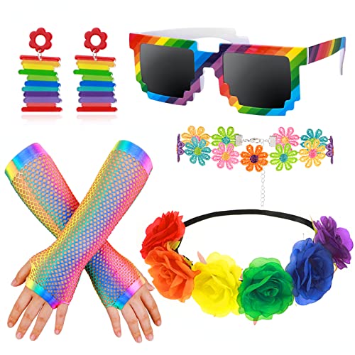 HOWAF Regenbogen Accessoires, Regenbogen Haarreif Haarband Blumen Regenbogen Blumenkranz Haare Fingerlose Handschuhe Regenbogen Brille Ohrringe Blumen Kette Pride Kostüm für LGBT Gay Pride Accessoires von HOWAF