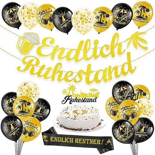 HOWAF Ruhestand Deko, Ruhestand Girlande und Luftballons Ruhestand Cake Topper, Schärpe Endlich Rentner, Rente Deko Ruhestand Pensionierung Party Abschiedsfeier Deko Renteneintritt für Frau Männer von HOWAF