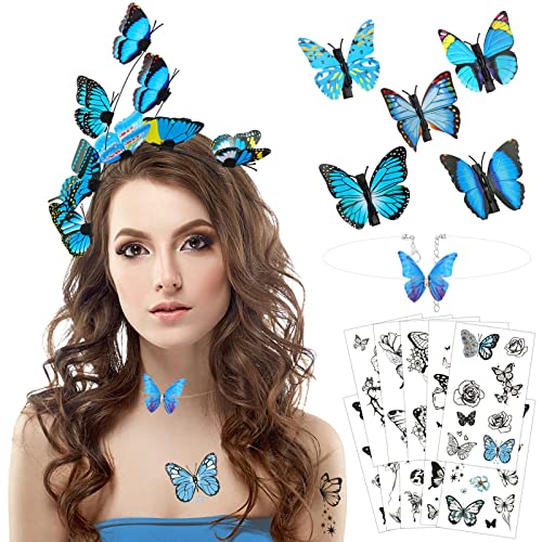 HOWAF Schmetterling Kostüm Damen Mädchen, Schmetterling Haarreif Schmetterling Haarband Stirnband Schmetterling Haarklammer Haarspange Halskette Schmetterling Tattoo Fasching Karneval Kostüm Damen von HOWAF