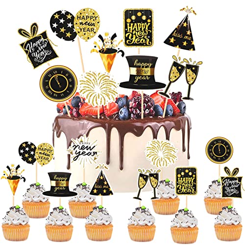 HOWAF Silvester Deko 2025 Tortendeko Silvester Cupcake Topper Neujahr Cake Topper Frohes Neues Jahr Cupcake Topper Muffin Kuchen Deko für Silvesterparty Silvesterdekoration Neujahr Deko 2025, 20 Stück von HOWAF