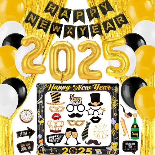 HOWAF Silvester Deko 2025, Deko Silvester Party Set, Happy New Year Girlande, 2025 Ballon, Foto Requisiten, Lametta Vorhang Gold, Luftballons für Neujahrsdeko Silvesterdeko Happy New Year Deko 2025 von HOWAF