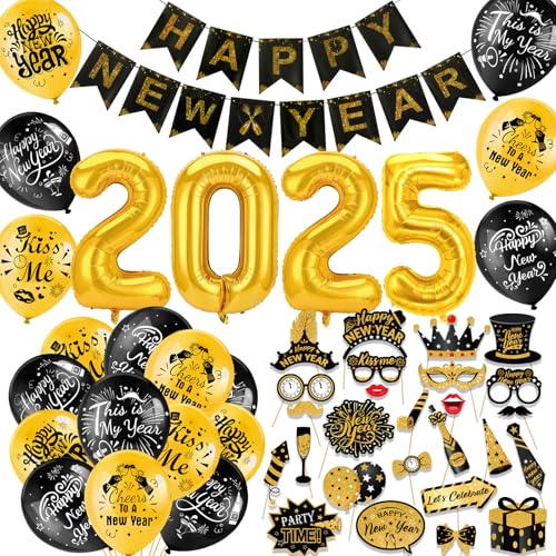 HOWAF Silvester Deko 2025, Happy New Year Girlande Silvester Luftballons 2025 Deko Silvester Party Accessoire Silvester Foto Requisiten für Neujah Dekoration Silvesterdeko Happy New Year Deko 2025 von HOWAF