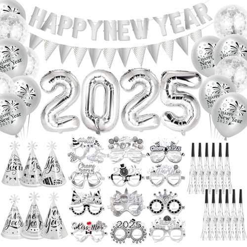 HOWAF Silvester Deko 2025 Silber, Silvester Luftballons 2025 Ballon Folienballon, Happy New Year Banner Silvester Banner, Partyhüte Silvester Brille, Tröten für Neujahr Deko, Happy New Year Deko 2025 von HOWAF